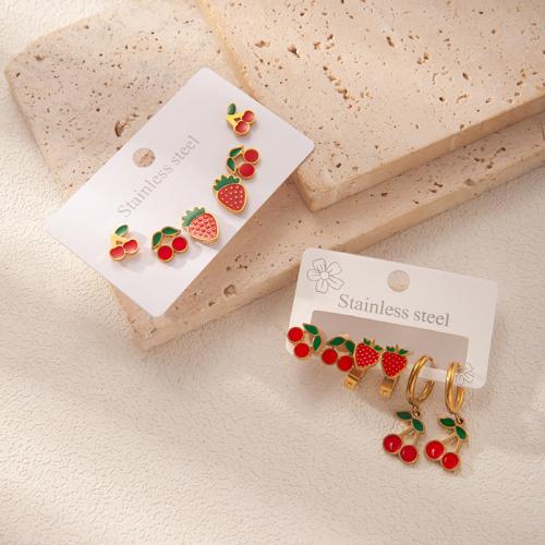304 Stainless Steel Stud Earring Set, gold color plated, three pieces & for woman & enamel 
