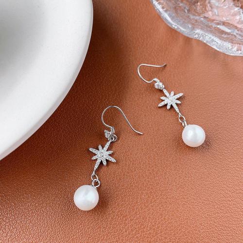 Argent sterling 925 Boucle d'oreille goutte, avec perle de plastique, Huit Étoile, bijoux de mode & pour femme & avec strass, 50mm, Vendu par paire