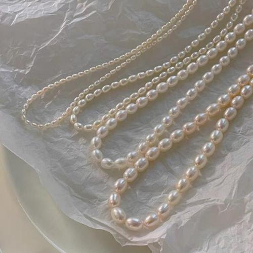 Природное пресноводное жемчужное ожерелье, Пресноводные жемчуги, с 925 пробы, Рисообразная, плакирован золотом, ювелирные изделия моды, белый продается PC[