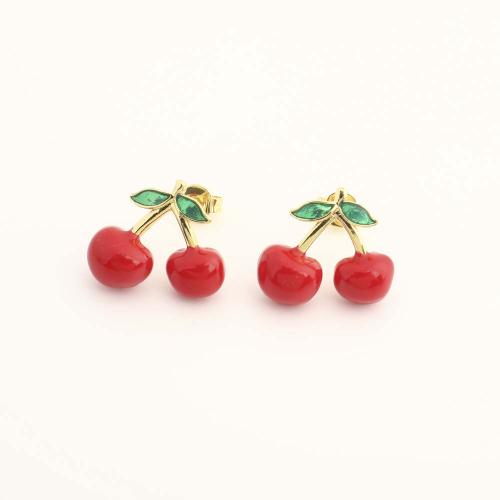 Brass Stud Earring, with Plastic, fashion jewelry & micro pave cubic zirconia & for woman & enamel, golden 