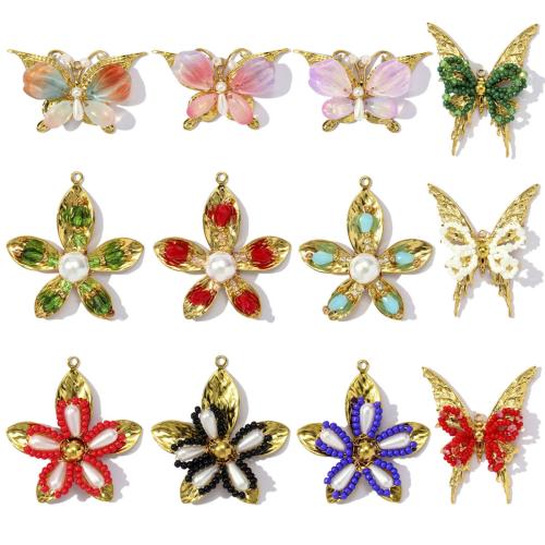 Titanium Steel Pendants, with Glass Beads & ABS Plastic Pearl & Resin, gold color plated, DIY 