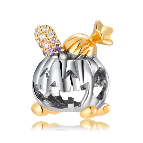 Argent sterling 925 perle d'entretoise, Citrouille, Halloween Design & DIY & pavé de micro zircon, 10mm, Vendu par PC[