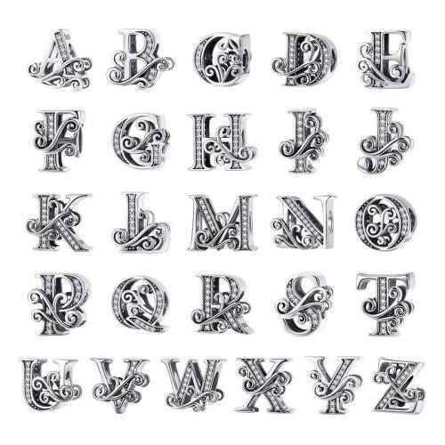 925 Sterling Silver Spacer Bead, Alphabet Letter, platinum plated, DIY & micro pave cubic zirconia, beads length 10-20mm 