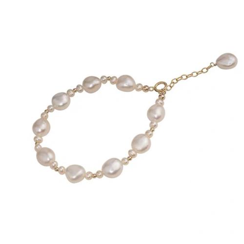 Bracelets de perles, perle d'eau douce cultivée, avec pierre gemme & laiton, Baroque, Plaqué d'or 14K, bijoux de mode & pavé de micro zircon, plus de couleurs à choisir Vendu par brin[
