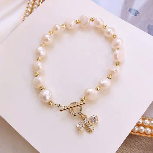 perle d'eau douce cultivée bracelet, avec laiton, Baroque, Placage, bijoux de mode & pavé de micro zircon, plus de couleurs à choisir Vendu par brin[