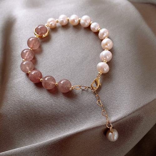 perle d'eau douce cultivée bracelet, avec Strawberry Quartz & laiton, Baroque, Placage, bijoux de mode, plus de couleurs à choisir Vendu par brin[