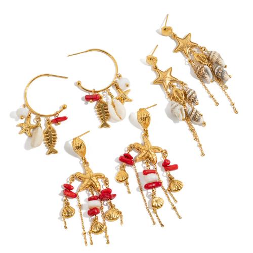 Fashion Fringe Boucles d'oreilles, Acier inoxydable 304, avec corail synthétique & coquille de trompette, Placage, bijoux de mode & styles différents pour le choix & pour femme, doré, Vendu par paire