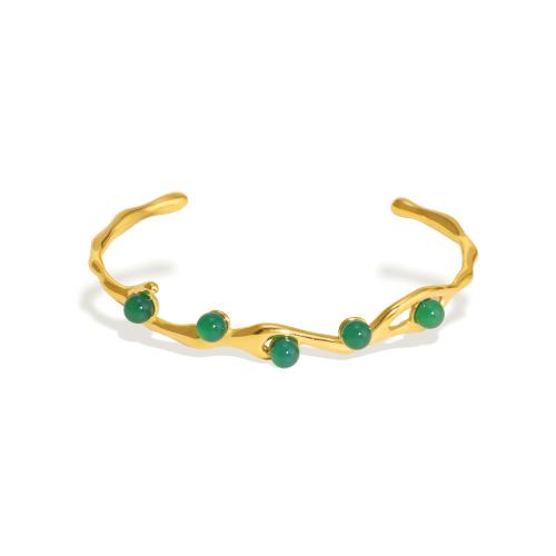 304 Stainless Steel Cuff Bangle, with Natural Stone, plated & for woman & hollow [
