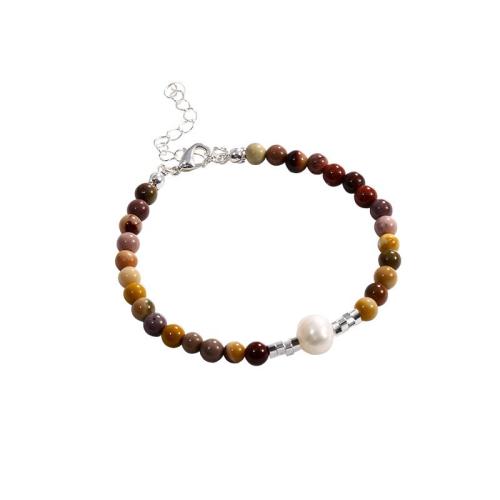 Латунь браслет, с Синтетический драгоценный камень & Пластиковая жемчужина, с 5.5cm наполнитель цепи, Другое покрытие, ювелирные изделия моды & Женский, серебряный, длина:Приблизительно 14.5 см, продается PC