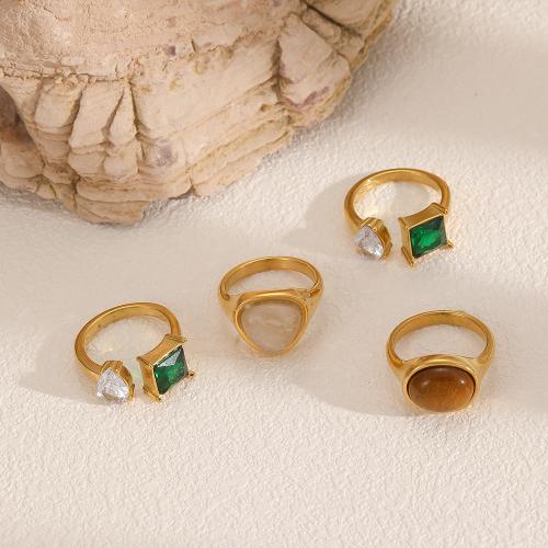 Bague en acier inoxydable, Acier inoxydable 304, avec pierre gemme, Placage de couleur d'or, bijoux de mode & avec strass, doré, Vendu par PC