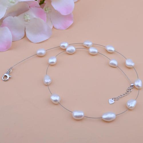 Natural Freshwater Pearl Necklace, with Tiger Tail Wire & 925 Sterling Silver, Baroque, silver color plated, fashion jewelry, white 