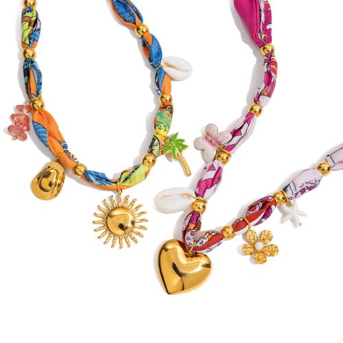 Stainless Steel Sweater Chain Necklace, 304 Stainless Steel, with Cloth & Trumpet Shell & Glass, plated, fashion jewelry & for woman 