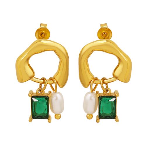 Titanium Steel Earrings, with Glass Stone & Freshwater Pearl, plated, fashion jewelry & for woman & hollow, golden 
