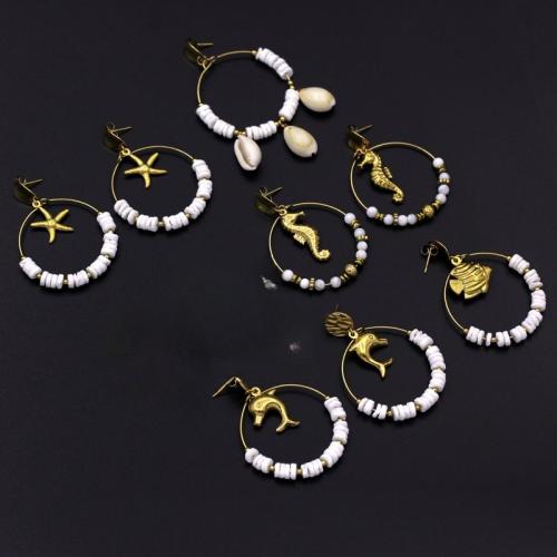 Acier inoxydable 304 Boucle d'oreille goutte, avec coquille de trompette, Placage de couleur d'or, bijoux de mode, plus de couleurs à choisir, Vendu par paire