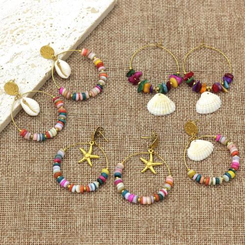 Acier inoxydable 304 Boucle d'oreille goutte, avec coquille, Placage de couleur d'or, bijoux de mode, plus de couleurs à choisir, Vendu par paire