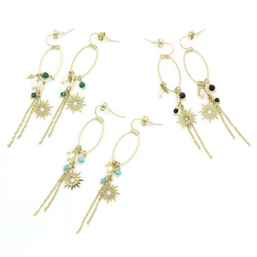 Acier inoxydable 304 Boucle d'oreille goutte, avec turquoise & Malachite & agate noire, Placage de couleur d'or, bijoux de mode, plus de couleurs à choisir, Vendu par paire