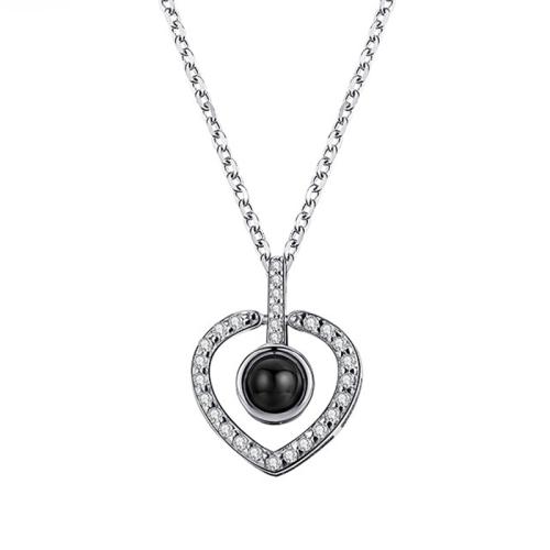 925 Sterling Silver Miniature Projection Necklace, Heart, cross chain & Unisex & with rhinestone & hollow Approx 16-20 Inch 