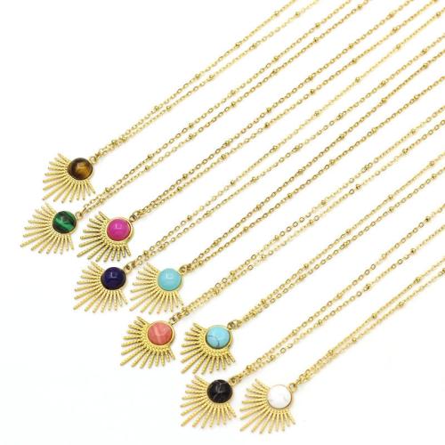 304 Stainless Steel Sweater Necklace, with Natural Stone, gold color plated, fashion jewelry 