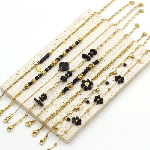 acero inoxidable 304 Pulsera, con Obsidiana & Ágata negra, chapado en color dorado, Joyería, más colores para la opción, 170x120x10mm, Vendido por UD