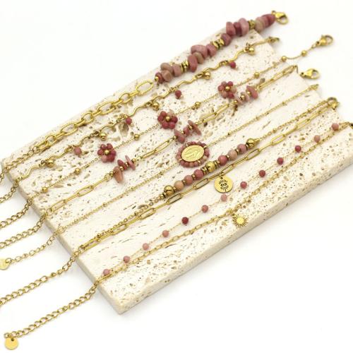 acero inoxidable 304 Pulsera, con Rodonita, chapado en color dorado, Joyería, más colores para la opción, longitud:16 5 cm, Vendido por UD