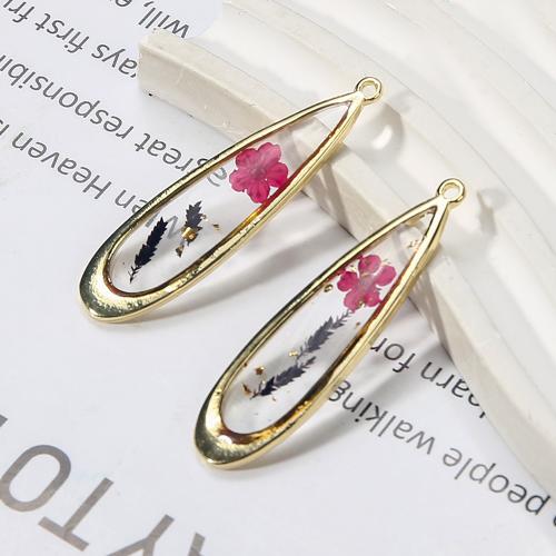 Bijoux pendentifs en laiton, avec Fleurs séchées & résine, larme, Placage de couleur d'or, DIY, couleurs mélangées Vendu par PC