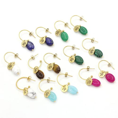 304 Stainless Steel Drop Earring, with Natural Stone & Crystal, gold color plated, fashion jewelry 