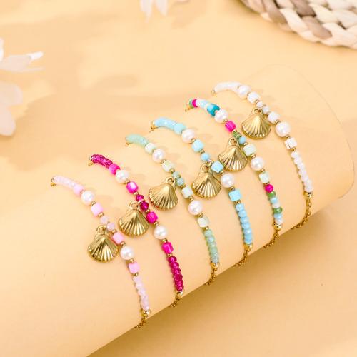 Acier inoxydable 304 bracelet, avec Nacre perles & cristal, Placage de couleur d'or, bijoux de mode, plus de couleurs à choisir, Vendu par PC