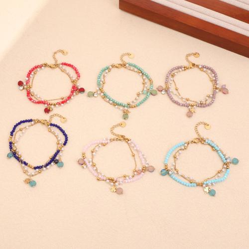 304 Edelstahl Armband, mit Naturstein & Kristall & Kunststoff Perlen, goldfarben plattiert, Modeschmuck & mehrschichtig & mit Strass, keine, verkauft von PC