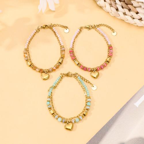 acero inoxidable 304 Pulsera, con Piedra natural & lava & Hematite & Cristal, chapado en color dorado, Doble capa & Joyería, más colores para la opción, Vendido por UD