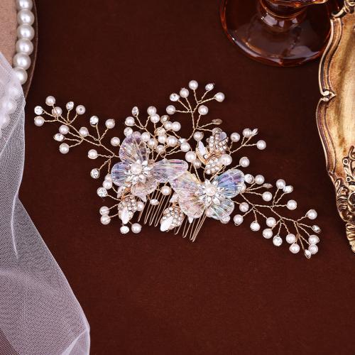 Decorative Hair Combs, Zinc Alloy, with brass wire & Plastic Pearl, handmade, fashion jewelry & for woman & with rhinestone, golden 