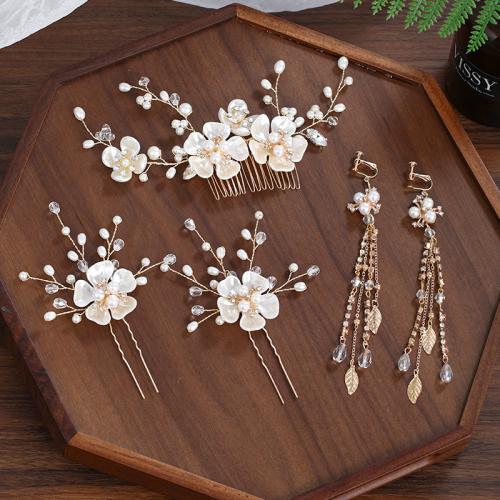 Zinc Alloy Hair Jewelry Set, hair comb & hair stick & earring, with brass wire & Polymer Clay & Plastic Pearl, handmade, 4 pieces & for woman & with rhinestone, golden 