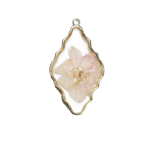 Resin Brass Pendants, Zinc Alloy, with Dried Flower & Resin, Rhombus, gold color plated, DIY, two different colored Inner Approx 1.5mm 