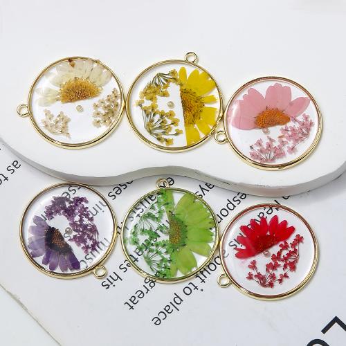 Resin Brass Pendants, with Dried Flower & Resin & Plastic Pearl, Round, plated, DIY 