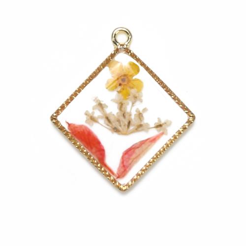 Resin Brass Pendants, with Dried Flower & Resin, Rhombus, plated, DIY, mixed colors 