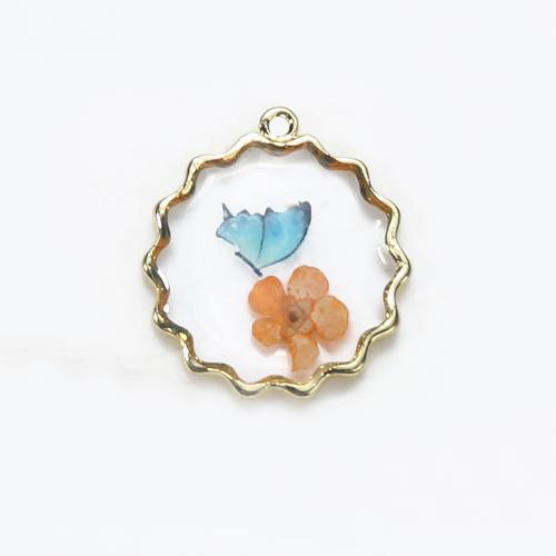 Resin Brass Pendants, with Dried Flower & Resin, plated, DIY, mixed colors 