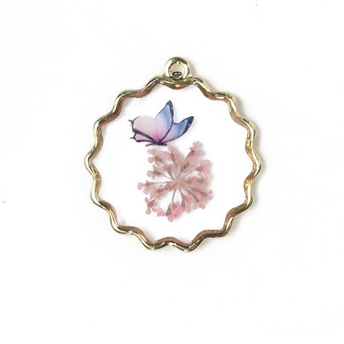 Resin Brass Pendants, with Dried Flower & Resin, plated, DIY, mixed colors 