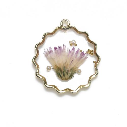 Resin Brass Pendants, with Dried Flower & Resin, plated, DIY & imitation pearl, mixed colors 
