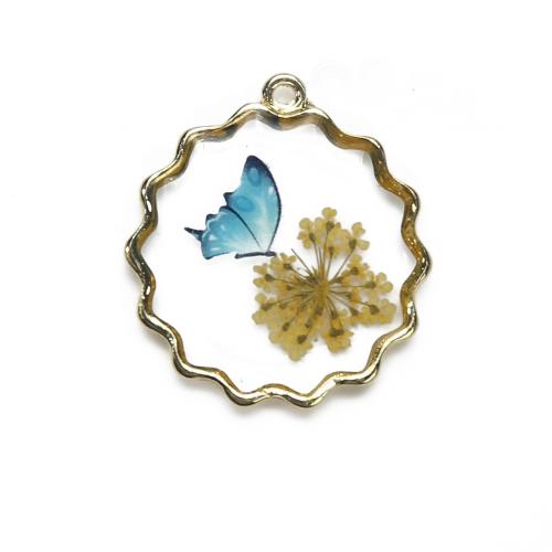 Resin Brass Pendants, with Dried Flower & Resin, plated, DIY, mixed colors 