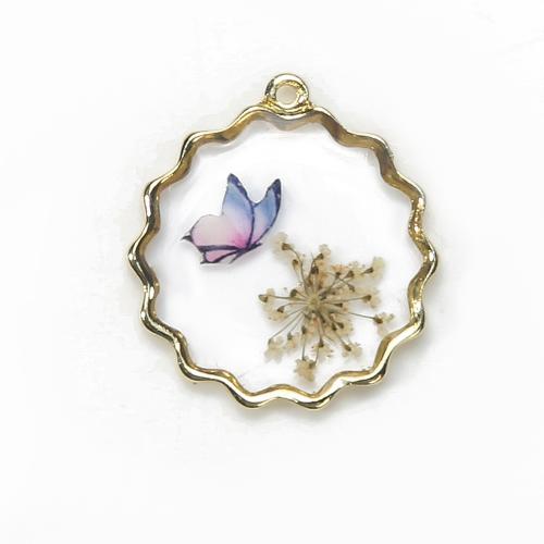 Resin Brass Pendants, with Dried Flower & Resin, plated, DIY, mixed colors 