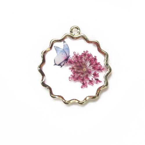 Resin Brass Pendants, with Dried Flower & Resin, plated, DIY, mixed colors 