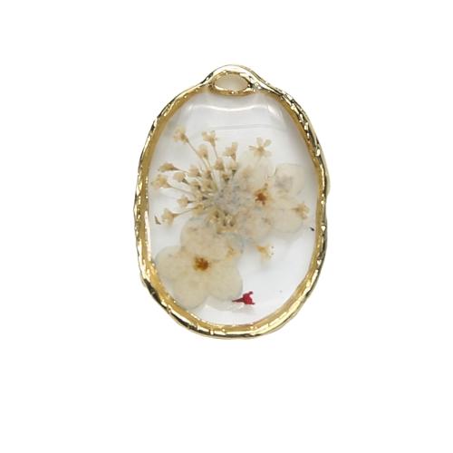 Resin Brass Pendants, with Dried Flower & Resin, plated, DIY, mixed colors 