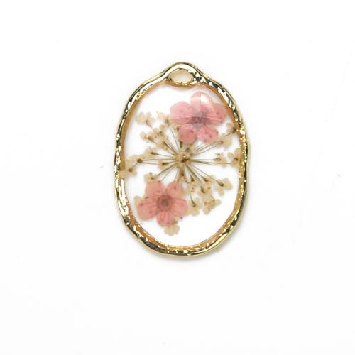 Resin Brass Pendants, with Dried Flower & Resin, plated, DIY, mixed colors 