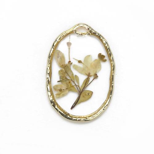 Resin Brass Pendants, with Dried Flower & Resin, plated, DIY, mixed colors 