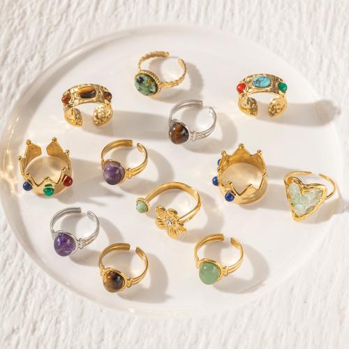 Gemstone Finger Ring, Titanium Steel, with Natural Stone, gold color plated, fashion jewelry 