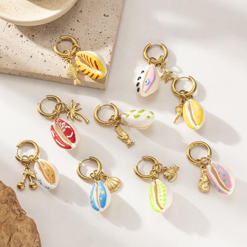 Huggie Hoopドロップイヤリング, チタン鋼, とともに 貝, ゴールドメッキ, ファッションジュエリー & エナメル, 無色, 売り手 パソコン