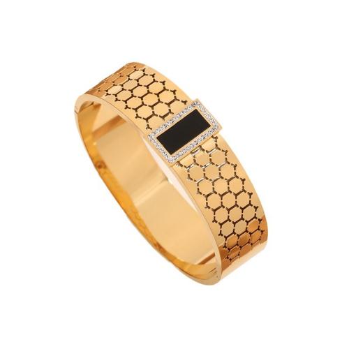 Titanium Steel Bracelet & Bangle, with Acrylic, gold color plated, for woman & with rhinestone & hollow, Inner diameter : 