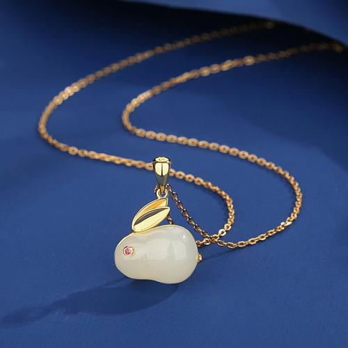 Collier en laiton fait à la main, avec Hetian Jade, lapin, Placage, bijoux de mode & avec strass, couleurs mélangées, 16+3cm Environ 40 cm, Vendu par PC