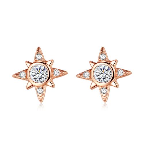 Cubic Zirconia Micro Pave Brass Earring, Eight Point Star, plated, fashion jewelry & micro pave cubic zirconia, Crystal Rose Gold 