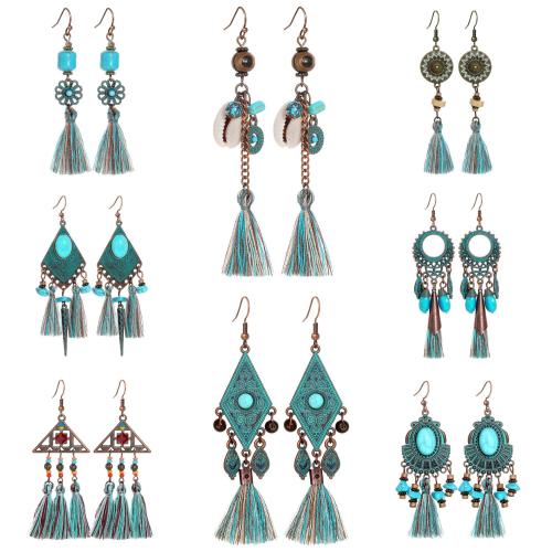 aleación de zinc Pendiente de Borla, con Hilo de algodón & Seedbead & Turquesa sintético & Nácar, chapado, estilo popular & diferentes estilos para la opción & para mujer & esmalte, earring length 70-100mm, Vendido por Par