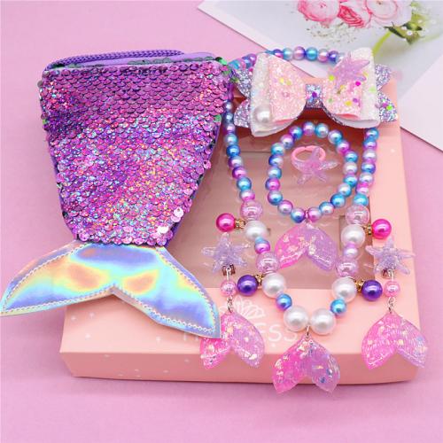 plastique Ensemble de bijoux d'enfants, avec tissu, Queue de sirène, Fille & styles différents pour le choix, hair clip length 5cm, necklace length 45cm, bracelet length 15cm, Vendu par fixé
